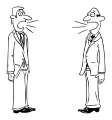 Vector funny comic cartoon drawing of two businessmen or men talking. Concept of discussion or communication.