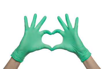 Doctor hands in medical gloves showing heart isolated on white background