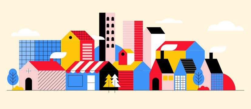 Set de vectores de casas en ciudad con árboles planos y coloridos edificios