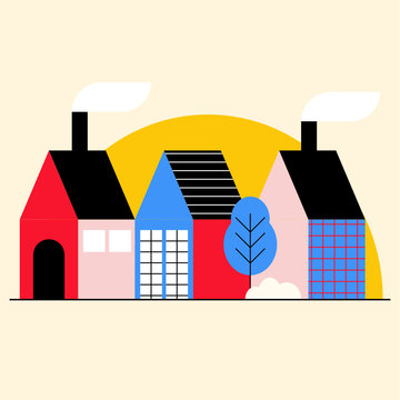 Set de vectores de casas en ciudad con &aacute;rboles planos y coloridos edificios