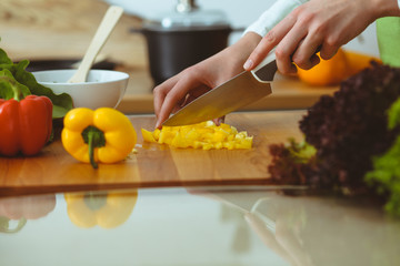 Unknown human hands cooking in kitchen. Woman slicing yellow bell pepper. Healthy meal, and vegetarian food concept