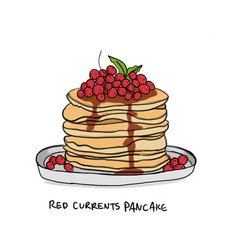 Pile of red currents pancakes with syrup, cafe breakfast. Sweet meal, homemade dessert.  Bakery hand drawn illustration, hand drawn illustration on isolated white background.