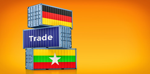 Shipping containers with German and Myanmar flag. 3D Rendering 