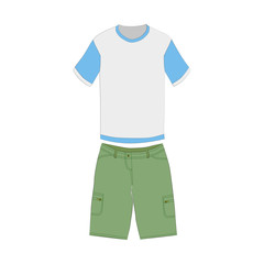 Green men's, women's, unisex shorts, t-shirt for a summer hike in the mountains.