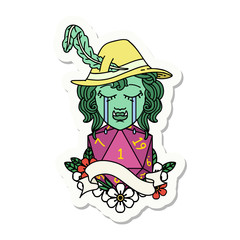 crying orc bard character with natural one D20 roll sticker