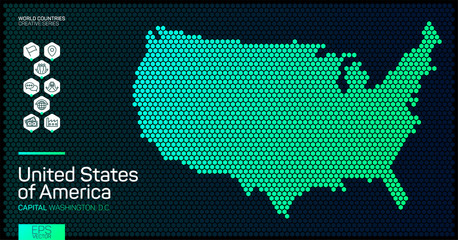 Abstract map of United States of America with hexagon cells with country data icons. Editabled stroke © igor