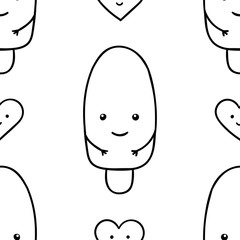 Seamless pattern, black and white cute hand drawn ice cream doodle, coloring pages, print