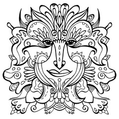 Flower-face line art. Hand-drawn ethnic floral doodle tattoo. Black vector illustration on a white background.
