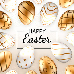 Happy Easter background with realistic golden decorated eggs and cute doodles. Greeting card trendy design. Invitation template Vector illustration for you poster or flyer.