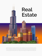 Panorama of the city for the design theme of real estate and construction. Vector Illustration