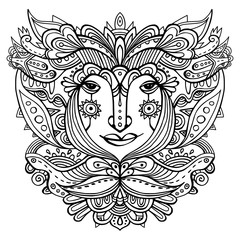 Flower-face line art. Hand-drawn ethnic ornate godess. Black vector illustration on a white background.