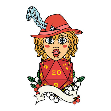 human bard with natural twenty dice roll illustration