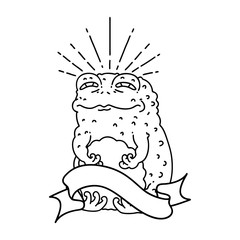 banner with black line work tattoo style toad character