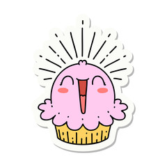 sticker of tattoo style happy singing cupcake