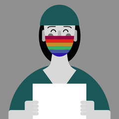 Mascarilla arcoiris enfermera médico hoja de papel en blanco