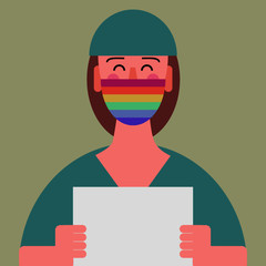 Mascarilla arcoiris enfermera médico hoja de papel en blanco