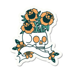 tattoo sticker with banner of a skull and roses