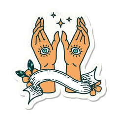 tattoo sticker with banner of mystic hands