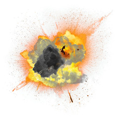 Extremely hot fiery explosion with sparks and smoke, against white background