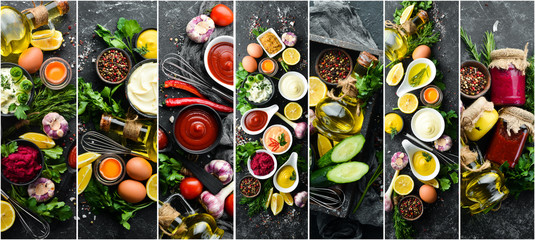 Photo collage of sauces, spices and herbs on black stone background.