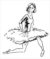 Ballet dancer girl standing on one knee. Hand drawn black sketch, vector.
