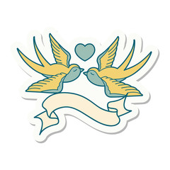 tattoo sticker with banner of a swallows and a heart