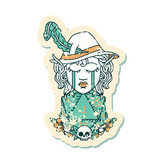 crying elf bard character with natural one D20 roll illustration