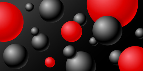 Dynamic 3d spheres. Abstract background with realistic red and black balls. Vector illustration with levitating bubbles. Horizontal black banner. Design card, brochure, cover, booklet, wallpaper.