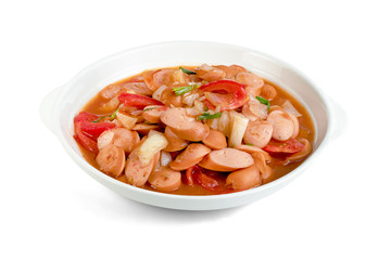 Stir fried sausage sauce with white plate ,isolated on white background ,include clipping path