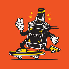 Skater Whiskey Bottle Alcohol Drink Skateboarding Character Design
