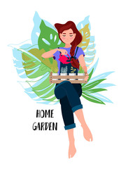 Girl caring for house plants in urban home garden . Feminine concept illustration by young woman with homeplants. Cartoon flat vector illustration.