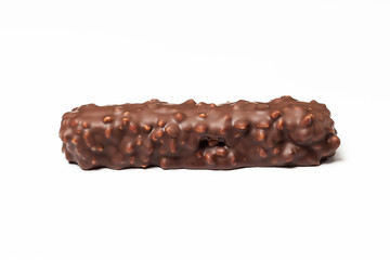 chocolate bar with dark brown chocolate with nuts on a white background.