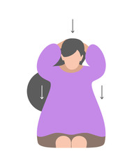 Vector isolated illustration in flat style. Neck exercises by girl with tilt head. Lower down this by hands. Creative concept. Purple colors. White background
