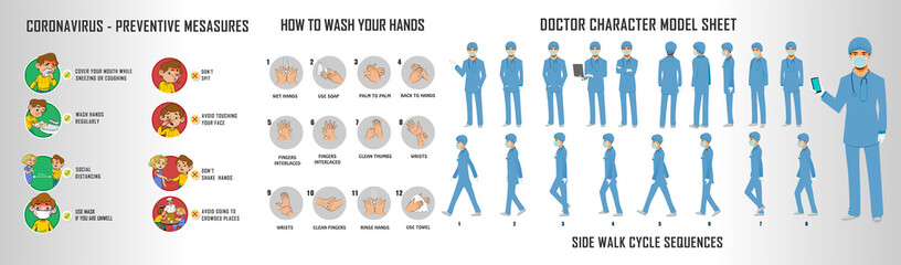 Doctor charater model sheet and walk cycle animation sequence for infographics New coorna virus Symptoms of preventive measures