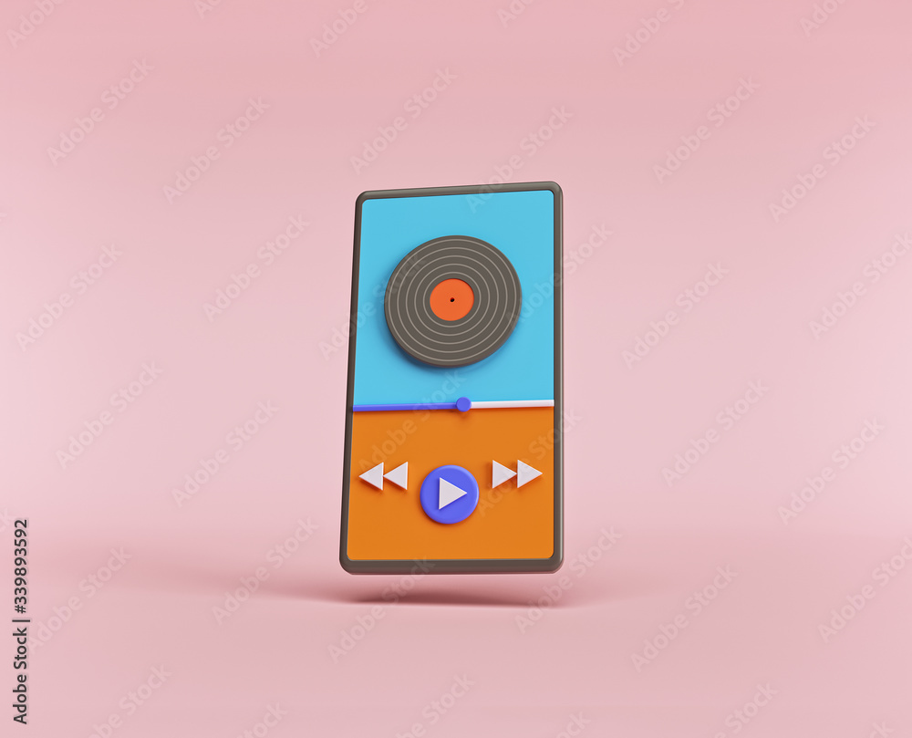 Aufkleber music, audio Player interface with loading bar and additional buttons on a smartphone. minimal concept. 3d rendering