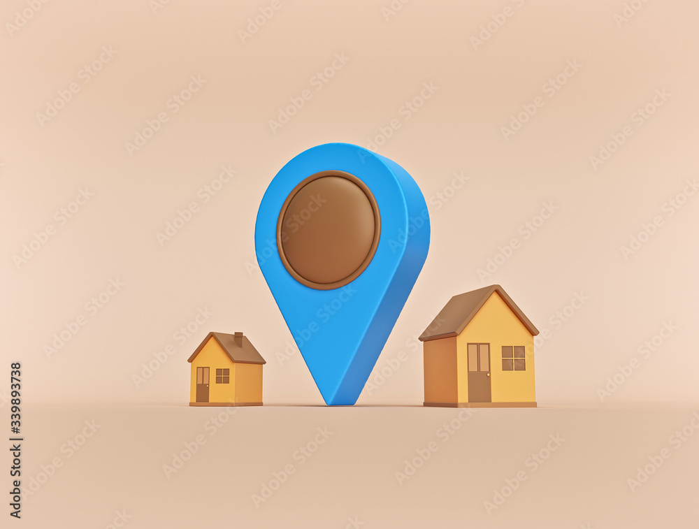 Poster houses and location pointer pin. minimal style. 3d rendering