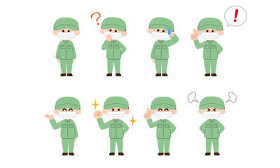 マスクを付けた男性作業員セット（デフォルメカラー）