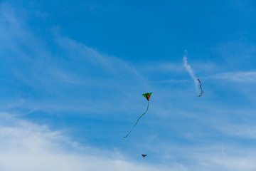 Kites flying on clear blue sky.