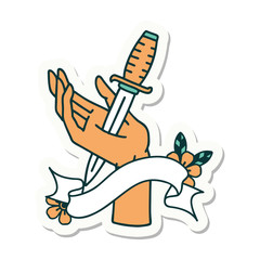 tattoo sticker with banner of a dagger in the hand