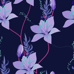 Yellow irises flowers on a dark blue indigo background. Seamless vector floral pattern. Design for fabric and wallpaper