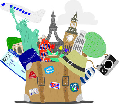 Old traveler's suitcase with stickers and attractions, vector
