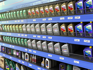 set of different types of engine oil cans on shalwes presentation option 3d render on grey gradient