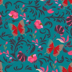 Seamless vector floral pattern of butterflies and inflorescences of flowers in elegant curls on a turquoise, light blue background.