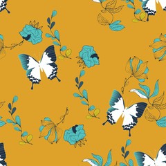Seamless vector floral pattern of butterflies and inflorescences of flowers in elegant curls on a turquoise, light blue background.