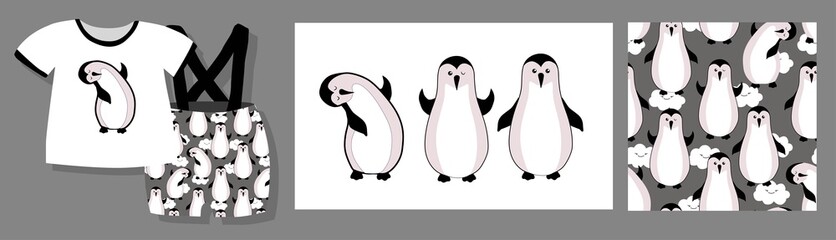 Funny print for baby clothes. Cute pattern with penguins. T-shirt design. Vector illustration.Ready textile design kit..