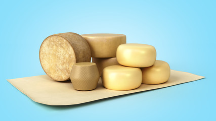 set of different types of cheese presentation option 3d render on blue gradient