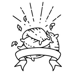 banner with black line work tattoo style pile of pillows