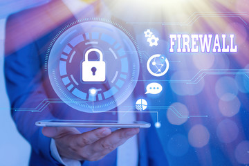 Text sign showing Firewall. Business photo showcasing protect network or system from unauthorized...