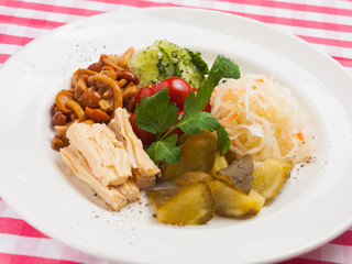 vegetable assortment of pickles. Cucumber, cabbage, mushrooms, asparagus