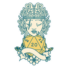 elf barbarian character face with natural twenty dice roll illustration